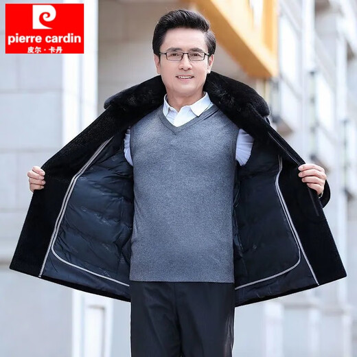 Pierre Cardin middle-aged and elderly men's mink fur coat men's short coat plus velvet thickened coat dad and the elderly winter clothing black plush lining one 180/96A recommended 110-125Jin Jin equals 0.5 kg