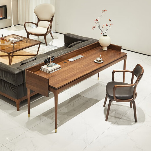 Youthful trend black walnut solid wood desk, large long desk in the living room, sofa back desk, simple double desk, single desk (with multi-function socket) 204*68*75cm