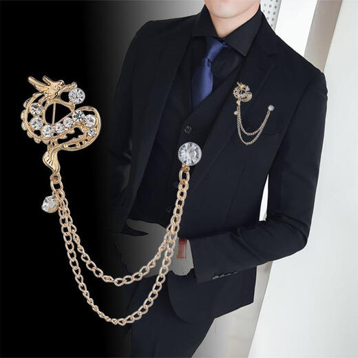 Nianfu Chinese style fashionable men's suit brooch set with diamonds Chinese dragon chain tassel collar pin dress accessories for wife gold