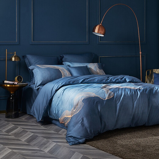 LOVO Luolai Life 100 high-end high-definition Xinjiang long-end cotton pure cotton bedding four-piece set sheet and quilt cover [100 long-end cotton tribute satin] Moonlight-fitting style 1.8 meters bed sheet style (quilt cover 220*240cm)