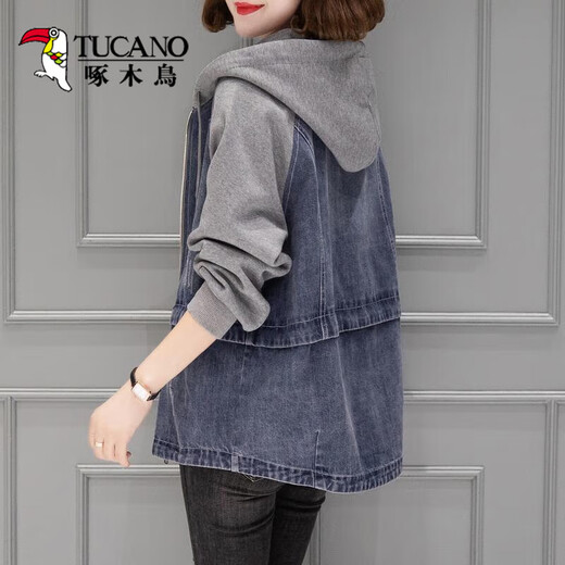 Woodpecker denim jacket women's short 2025 spring and autumn new Korean loose hooded casual baseball uniform top 9887 models L 112-123Jin [Jin equals 0.5 kg]