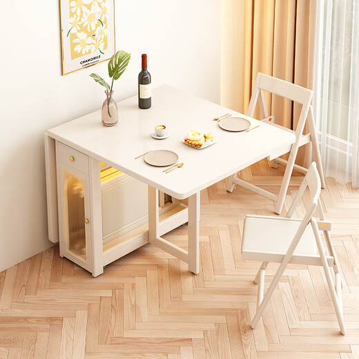 Senneng solid wood folding dining table cream style movable small-sized home Nordic retractable multi-functional dining table side cabinet 1.2 meters solid wood folding dining table + folding chairs *4