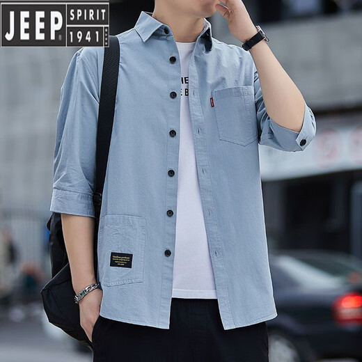 JEEP SPIRIT high-end pure cotton free ironing summer shirt men's loose version of 7-quarter sleeve shirt workwear mid-sleeved jacket casual and versatile high-quality pure cotton material 7-quarter sleeve 5008 (light blue) 2XL 155Jin[Jin equals 0.5 kg]-175Jin[Jin equals 0.5 kg]
