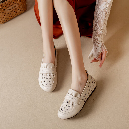
Kanglibi genuine leather soft sole mother shoes single shoes middle-aged and old comfortable and not tired leather shoes middle-aged and old young and non-slip women's shoes spring and autumn style 677 hole style beige soft sole soft surface very comfortable 36