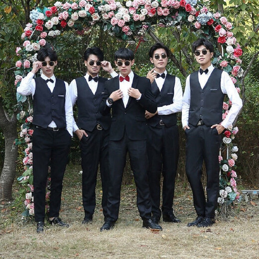 Xinhan best man wedding dress brother suit men's large size brother group summer western shirt vest suit dress clothes long sleeve shirt + gray pants + gray vest + black bow tie PT L