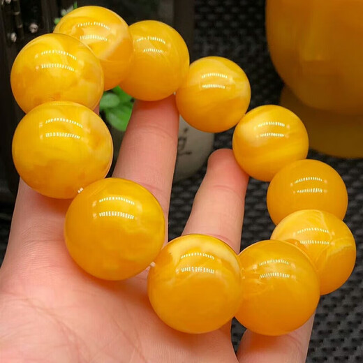 Fat Donglai's same amber second-generation beeswax bracelet with floating flowers, old chicken oil yellow, round bead couple bracelet for boys and girls, diameter 22mm, floating flower bracelets for men