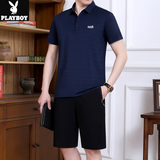 Playboy T-shirt à manches à manches à manches courtes à manches courtes à manches à manches courtes à manches courtes de glace d'été masculines et à manches à manches courtes de l'âge moyen de l'âge moyen JM728-Dark [ensemble en deux pièces] xl [suggéré 120-140jin [Jin est égal à 0,5 kg]]]