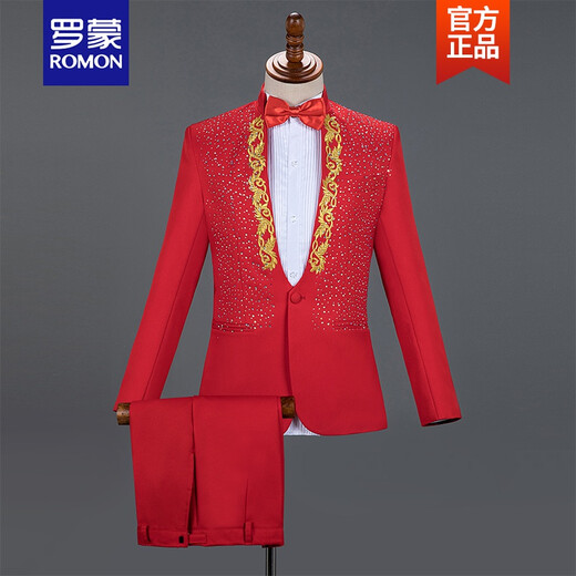 ROMON light luxury performance clothing male adult stand-up collar sequined singer host clothing stage chorus men's dress suit new product white buy jacket + pants + bow tie 185/96A