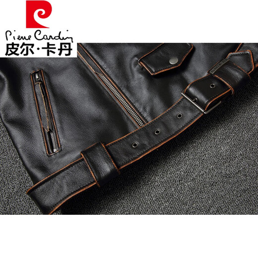 皮尔卡丹高档真皮皮衣男秋短款翻领复古做旧头层休闲机车服夹克外套潮 黑色 XL