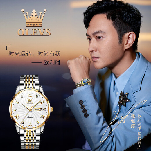 欧利时（OLEVS）品牌手表男机械表全自动夜光防水男士手表商务双日历罗马镶钻男表 6630钢带间白男表