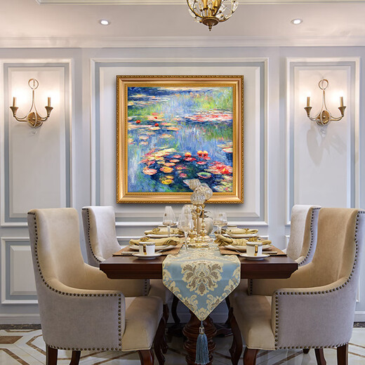 Imperial Flag Monet Water Lily Pure Hand-painted Oil Painting European Living Room Entrance Decoration Painting Hallway Dining Room Dining Room Bedroom Wall Painting 692 Gold Solid Wood Frame 120X120