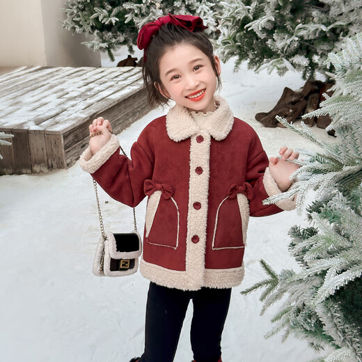 Qiyuxin children's clothing girls velvet jacket winter children's cotton coat 2025 new girl baby warm quilted jacket coat velvet red coat 140 (suitable for height 130-140cm)