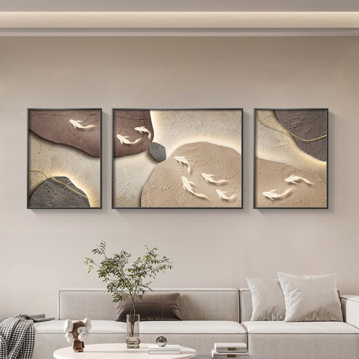 美优淳 九鱼图客厅装饰画侘寂风肌理沙发背景墙挂画简约高级感三联壁画 JD12170 左右60*80中110*80油画布ps黑框