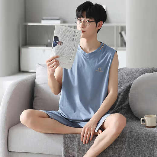 Le gilet masculin de pyjamas modal de Langsha pour les vêtements de maison décontractés de grande taille des jeunes d'été peut être porté sur les 2 shorts extérieurs 12027 L Recommandé 95-120jin [Jin est égal à 0,5 kg]