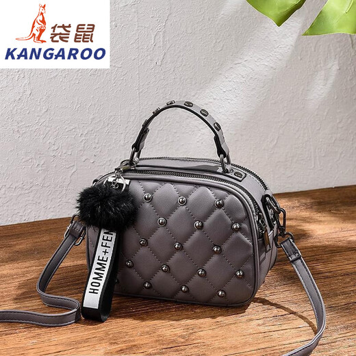袋鼠（KANGAROO）斜挎小包包女2024时尚复古单肩包铆钉双层手提小方包 753# 米白