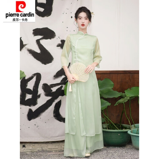 皮尔卡丹仙气汉服日常禅意茶艺师服装采耳古筝养生馆新中式旗袍连衣裙 689浅绿套装 L