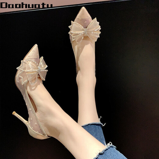Daohuatu rhinestone bow high heels women's stiletto heels 2021 summer new style versatile lace pointed crystal single shoes wedding shoes mesh off-white upgraded version 8 cm 35 standard size