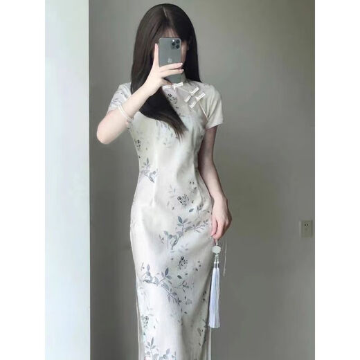 Reserved style new Chinese retro Republican style cheongsam 2025 summer new young girl slim dress for women long 719 flower branches [excluding accessories] M Recommended 85-100 Jin [Jin equals 0.5 kg]