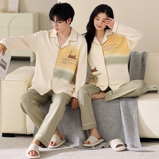 
Light and quiet pure cotton couple pajamas one man and one woman in autumn and winter long-sleeved lapels can be worn outside couples’ home clothes spring two-piece suit 983 M women + XL men
