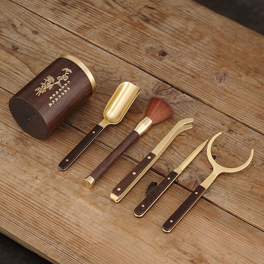 Jiutang Tea Ceremony Six Gentlemen Set Kung Fu Tea Set Accessories Tea Clips Tea Knives Tea Spoons Cups and Forks Pot Keeping Pen Tea Making Tools and Supplies Lan - Copper and Wood Six Gentlemen (Copper and Wood Accessories)