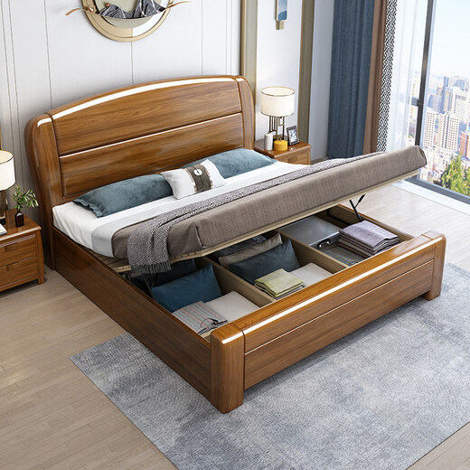 Chinese solid wood bed pure solid wood walnut master bedroom bed 1.8m