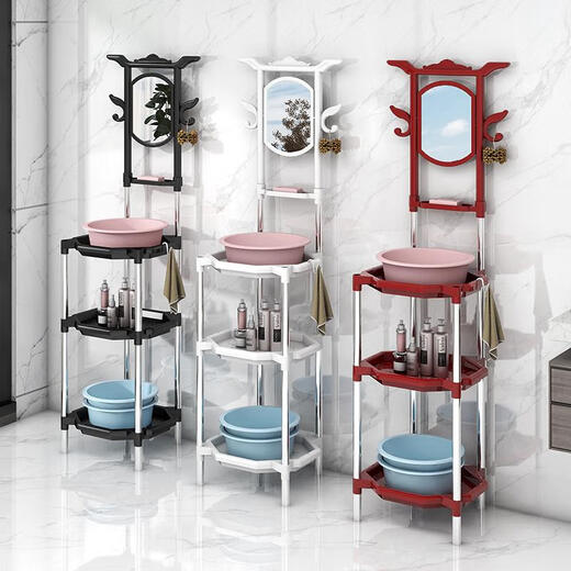 Tian Miaomiao Estante rural antiguo de pie para el hogar, estante para lavabo de baño simple para lavarse la cara y las manos con espejos 756 acero plástico de tres capas blanco con espejo