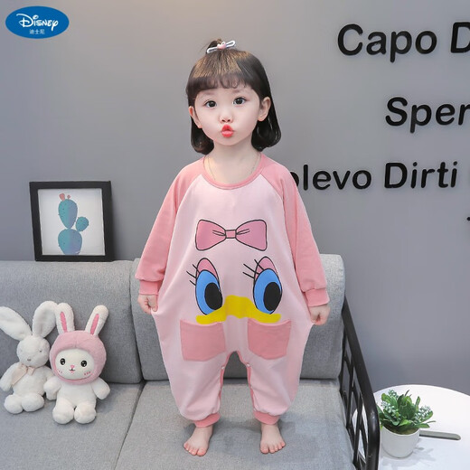 Disney Children's One-piece Pajamas Spring and Autumn Pure Cotton Girls Baby Sleeping Bag Girls One-piece Cartoon Romper Suit Spring Home Clothing Pink 80cm