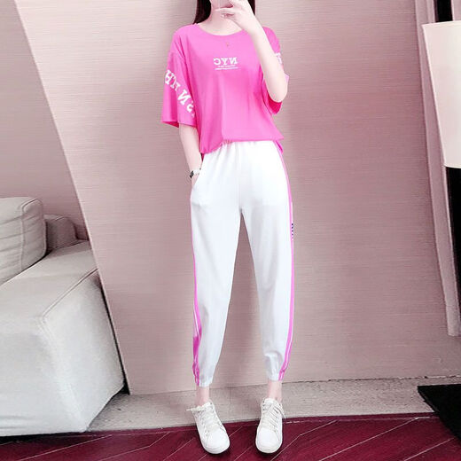啄木鸟休闲运动服套装女夏季新款大码宽松潮牌时尚嘻哈曳步舞两件套 6630粉色 S