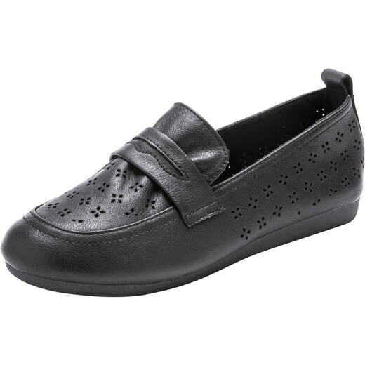Kanglibi genuine leather soft sole mother shoes single shoes middle-aged and old comfortable and not tired leather shoes middle-aged and old young and non-slip women's shoes spring and autumn style 677 hole style black breathable and not grinding feet 39