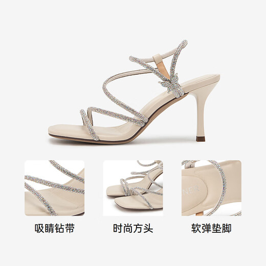 Qianbaidu [Serie Silent] Sandalias de moda con tacón de tacón para mujeres nuevas sandalias de moda de verano Silver/Beige 38