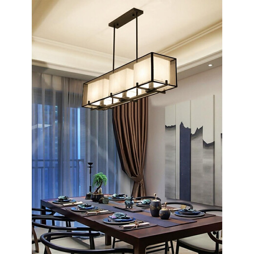 Xihe New Chinese Restaurant Chandelier Chinese Style Zen Tea Room Lamp Study Rectangular Bar Chandelier Guangdong Zhongshan Lamp [F Style Magnolia 4 Heads] 110*14*25cm