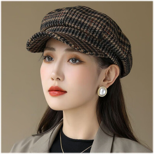 Changyin Fashion Hat Women's Versatile Winter Octagonal Hat Women's Round Face Spring and Autumn Warm Trend Korean Style Internet Celebrity British Houndstooth Black