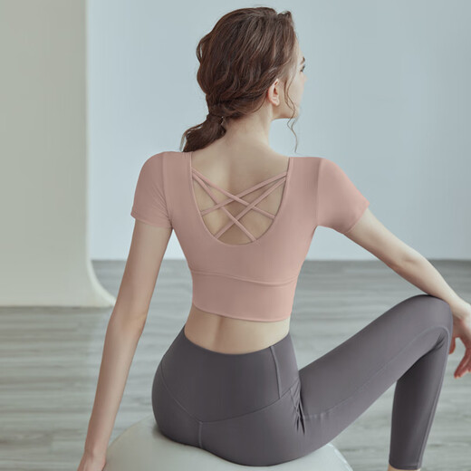 COZOK yoga clothes for women 2023 new style short-sleeved sports fitness Pilates training clothes with chest pads, high-end suit, caramel color short-sleeved tops, fixed cup breast pads M