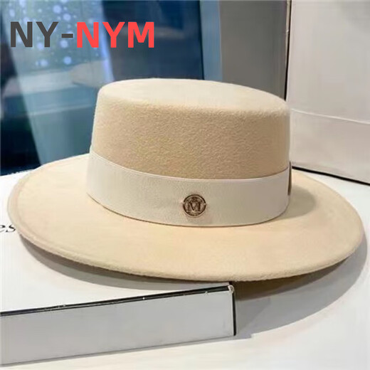 NY-NYM Sombrero de Jazz de Lana de Moda Retro de Estilo británico Sombrero de Mujer Marca de Moda Sombrero Plano de Todo fósforo de la alta sociedad francesa Sombrero Blanco + Banda Negra M (56-58 cm)