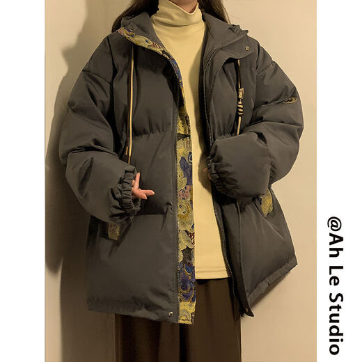 AEMAPE retro winter cotton jacket for men and women bear jacquard splicing hooded jacket trendy brand thick warm boy jacket winter M6636 gray (three-bar cotton jacket) M [Recommended: 90-110Jin [Jin equals about 0.5 kg]]