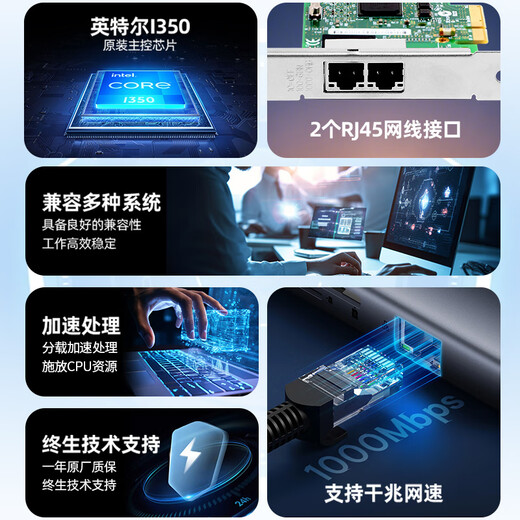 昆鱼（FLYBISH）PCIe x1 千兆双口服务器网卡 intel I350AM2芯片I350-T2x1电口有线网卡汇聚/软路由/工业相机