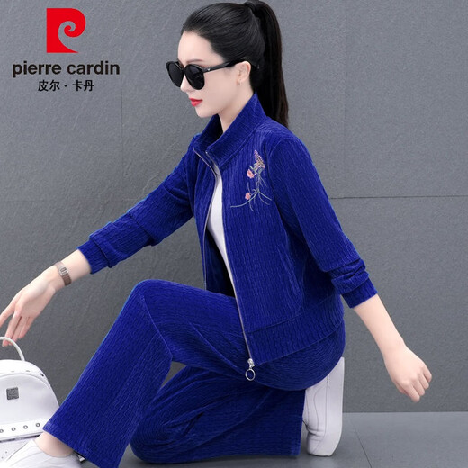 Pierre Cardin Gold Velvet Sports Drei-teiliges Set für den Frühling und Herbst für Frauen 2023 Neue modische und modische altersreduzierende Cord-Sweatshirt 9866 Bohnenpaste Red (Drei-teiliger Cord-Set) XL 111-120jin [Jin gleich 0,5 kg]