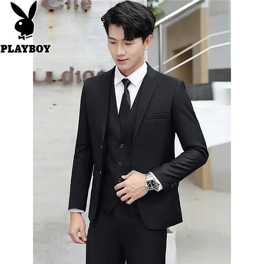 Playboy Suit Men's Korean Slim Top Jacket Groomsmen Wedding Business Professional Formal Small Suit Men Two-button Black Top + Shirt + Tie + Tailor-made Pants 2XL