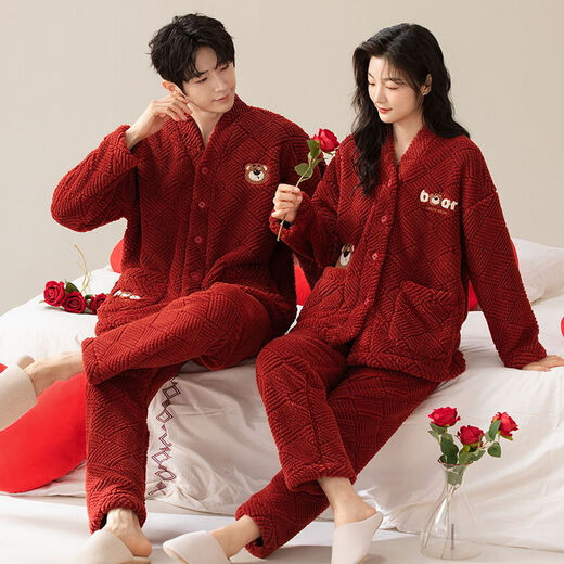 LangSha Couple Pajamas for Men and Women Winter Coral Velvet Big Red Newlywed Wedding Suit for the Year of the Zodiac Plus Velvet Home Clothes Heart to Heart Ms. M