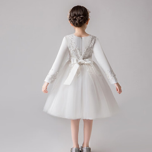 Teufel Kinderkinder Little Host High-End-Abendkleid Girls Big Children's Puffrock Klavier Performance Kleidung Prinzessin DK683 Kurzer Langarmweiß [Teil Velvet] 120 (vorgeschlagen 34-40 Jin [Jin gleich 0,5 kg]))