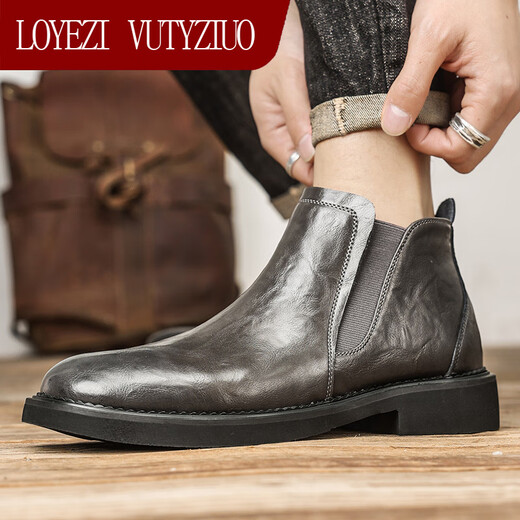 LOYEZI VUTYZIUO British Chelsea Boots Men's Leather Short Boots Martin Boots Soft Leather Shoes Business High Top Leather Shoes High-end Working Boots Gray 38
