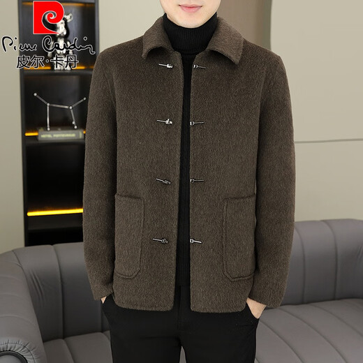 Pierre Cardin spring and autumn double-sided woolen coat men's short Korean style woolen jacket brand short woolen coat brown XL 125-140Jin Jin equals 0.5 kg
