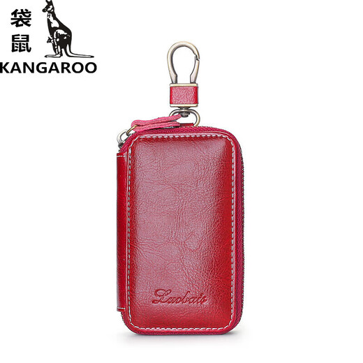 Kangaroo (KANGAROO) large capacity zipper key bag for men's waist-hung real cowhide women's general vehicle multi-function household key bag small wine red