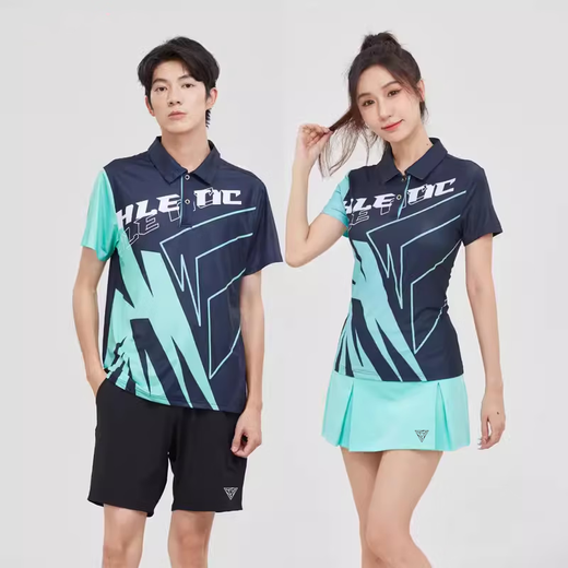 PEIJIKU Korea's new quick-dry badminton suit for women and men's vest tennis table tennis jersey lapel summer sportswear with sleeves 9085 women's green two-fold group pants suit L