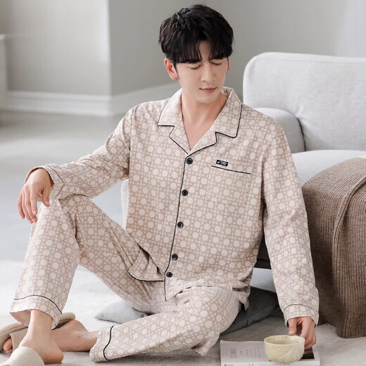 恒源祥睡衣男士春秋款棉质长袖男款2024新款大码中年爸爸夏季家居服套装 3882 (175/XL码)建议穿着体重140-160