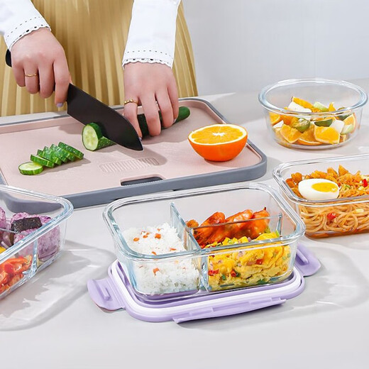 
Xinmeiya Microwave lunch box Student lunch box Separate lunch box Bento box Glass fresh box Insulation bag with lunch box Office worker Smoked purple-1050+ tableware + bag + round 480ml