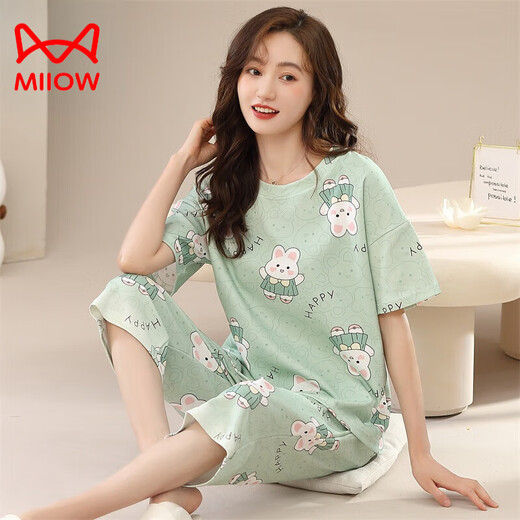Catman (Miiow) 100 reines Baumwoll-Pyjamas für Frauen mit kurzärmeligen Kumpelhosen für Sommerliebe große dünne Frühlings- und Herbst-zweiteiligen Sommer-Kleidung mit kurzärztem Kumpel-679 M Frauen 80-100jin [Jin entspricht 0,5 kg]