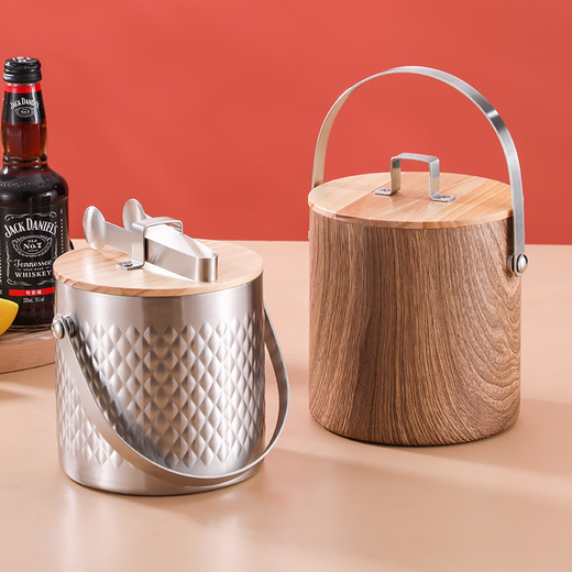 Yanxing Internet celebrity double-layer stainless steel ice bucket ice bucket bar ktv commercial beer bucket household storage bucket imported double-layer diamond + wooden lid 2L (free ice clip)