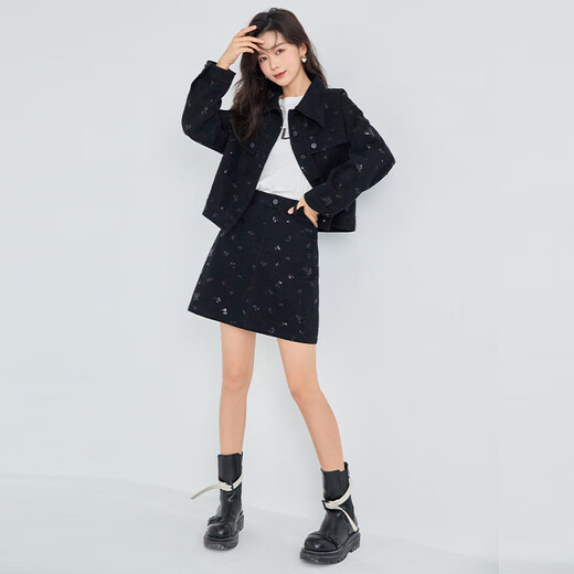 Fantu Fantu sense sequined denim short skirt suit 2024 new spring women's suit fashionable casual two-piece set black S