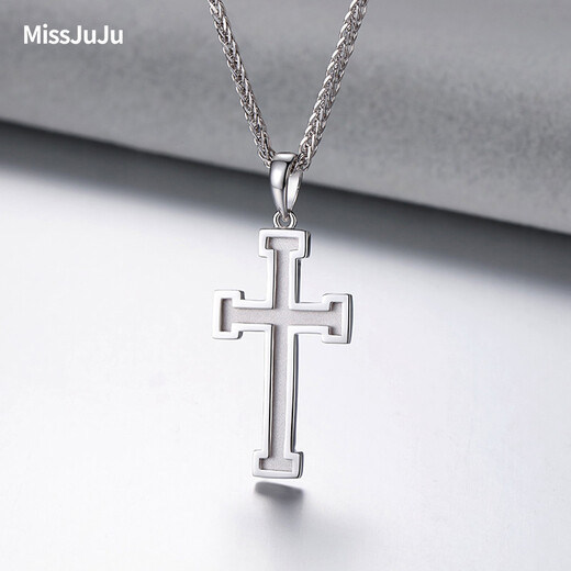 Miss JuJu Platinum Pendant Men's pt950 Platinum Cross Simple Pendant Fashionable Frosted Pendant Women's Back Carved Weight 5.2-5.4g+Leather Cord
